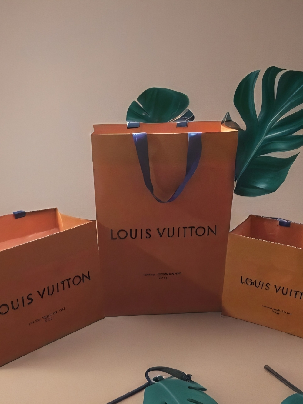Louis Vuitton Orange Shopping Bags with Blue Ribbon Handles - Trio EUC - Picture 5 of 8
